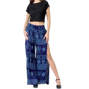 Rhea Flared OM Wide-Leg Split Palazzo Pants in Navy Blue